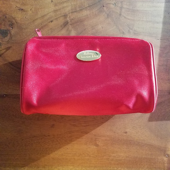 Dior Red Gold Logo Satin Makeup Bag Case Unused - Picture 5 of 8